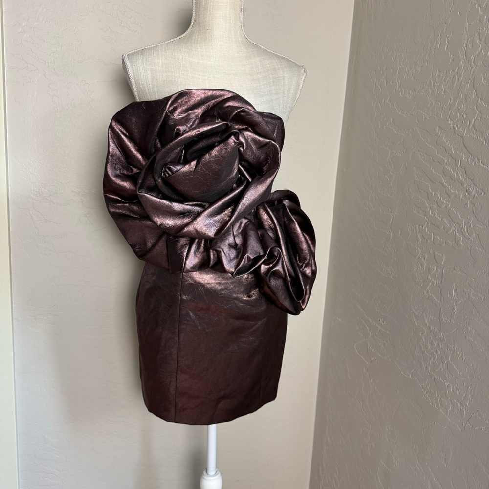 Zara Women's Voluminous Flower Rosette Bronze Brown Metallic Mini Dress Small